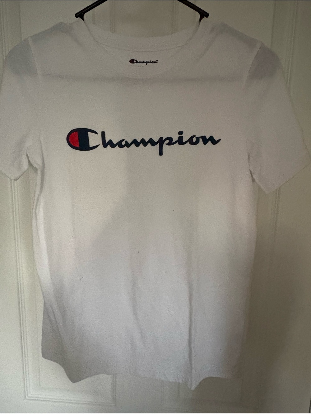 Champion White Short Sleeve Tee with Navy and Red Logo